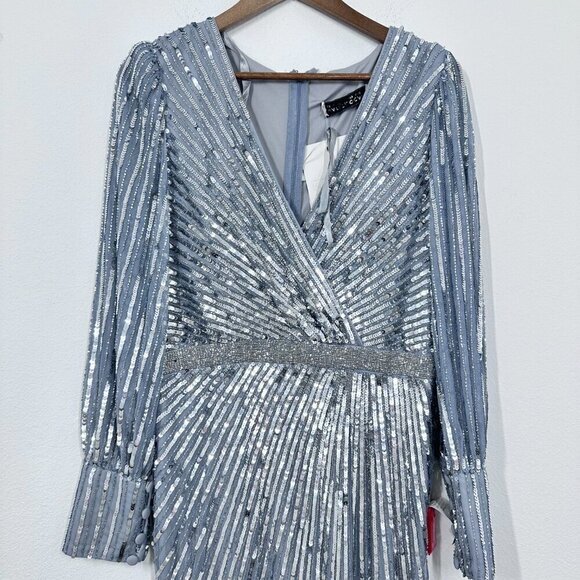 Mac Duggal Silver Sequin Long Sleeve V Neck Elegant Evening Gown Black Tie‎ 10 - Picture 14 of 14